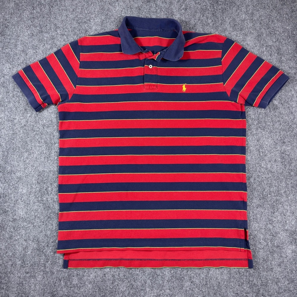 Polo Ralph Lauren Polo Shirt Mens XL Red Navy Striped Short Sleeve‎ Pony Logo